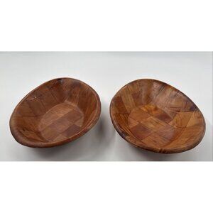 Vintage Parquet Weave Wood Oval Serving Bowls 12" Lot of 2 Woven Mid Century MCM